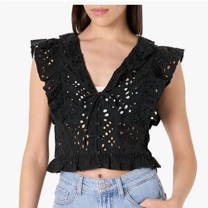 New Chic Black Eyelet Ruffle Crop Top Margo tie front sleeveless blouse size XL